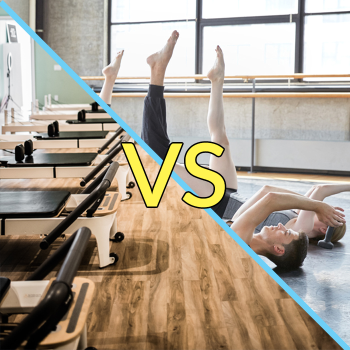 A photo of a reformer machine next to a photo of women doing ab exercises with a slash through the middle and the word VS.